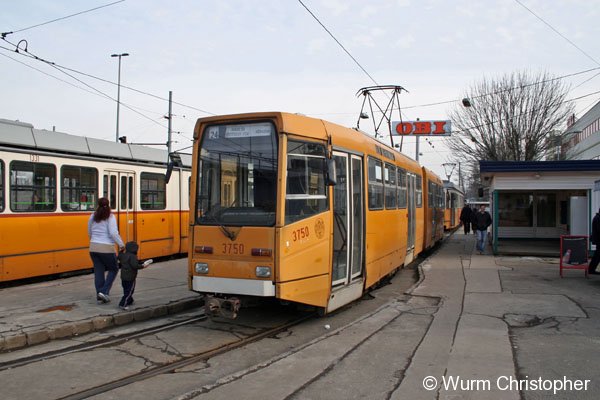 Der Triebwagen 3750 Marke Eigenbau der Budapester Verkehrsbetriebe steht hier an der Endhaltestelle Közvágóhid als Linie 24 und wartet auf die Abfahrt zurück zum Baross tér am Ostbahnhof.