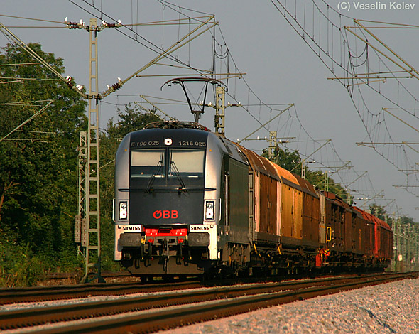 1216 025 ist jene Lok, die den Weltrekord für Elektrolokomotiven knackte, indem sie auf der NBS Ingolstadt - Nürnberg 357 km/h erreichte. Am 1.08.2009, als diese Aufnahme bei Haar entstand, war die Lok mit einem Güterzug am Haken deutlich langsamer unterwegs.