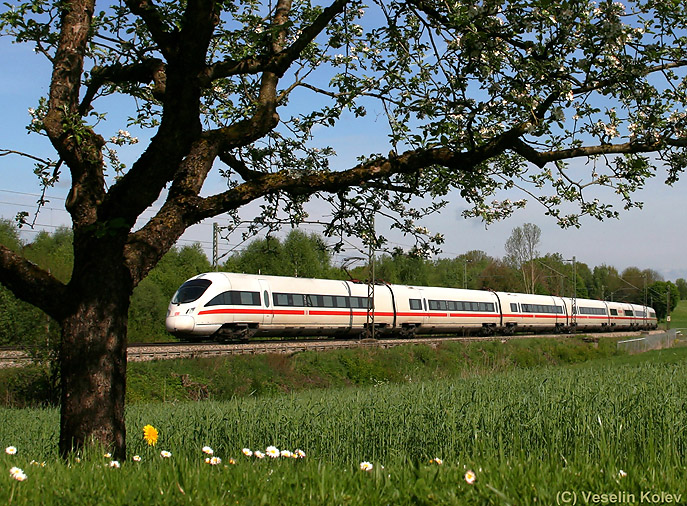 Auf dem Weg von Wien West nach München passiert ICE 260 am Morgen des 9.05.2010 die idyllische Ortschaft Haus bei Ostermünchen.